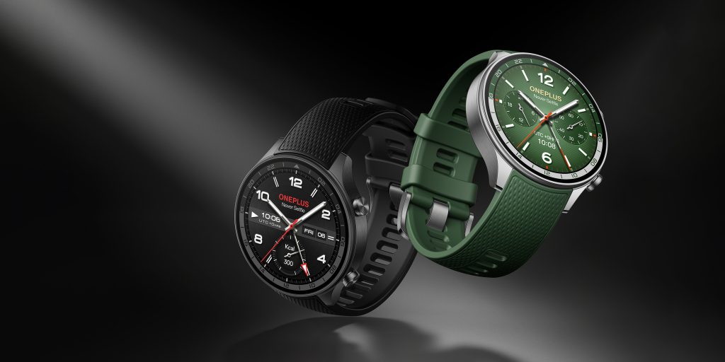 OnePlus's new smartwatch, the watch 2R in black and green-silver colorways.