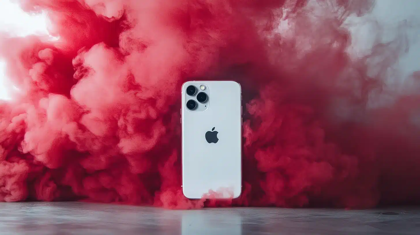 a white cell phone with red smoke