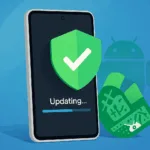 טלפון Google Pixel בתצוגת עדכון כשהוא מציג מגן ירוק עם סימן ‘וי’, ברקע לוגו אנדרואיד חצי שקוף על גרדיאנט כחול – מדגיש הגנה מיידית באמצעות טלאי מאי 2025.
