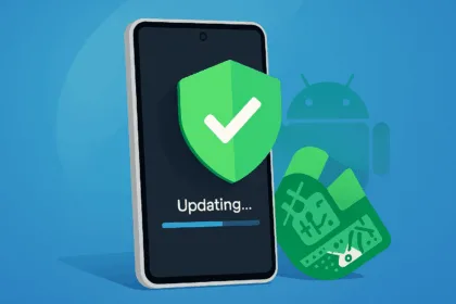 טלפון Google Pixel בתצוגת עדכון כשהוא מציג מגן ירוק עם סימן ‘וי’, ברקע לוגו אנדרואיד חצי שקוף על גרדיאנט כחול – מדגיש הגנה מיידית באמצעות טלאי מאי 2025.
