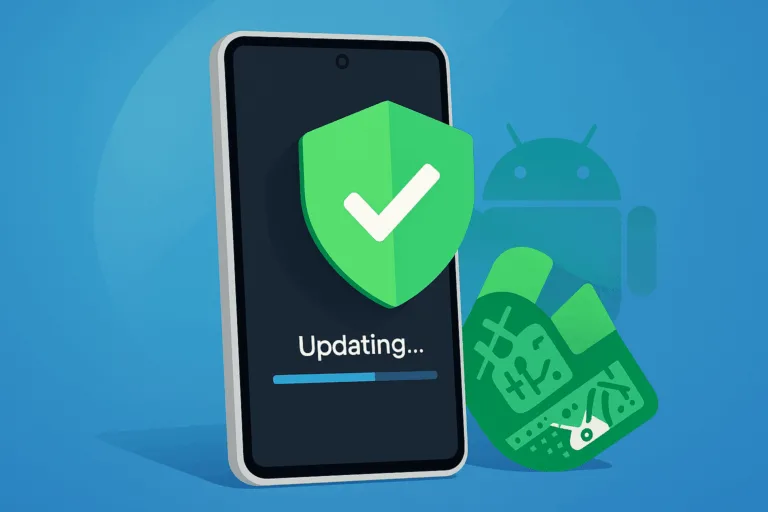 טלפון Google Pixel בתצוגת עדכון כשהוא מציג מגן ירוק עם סימן ‘וי’, ברקע לוגו אנדרואיד חצי שקוף על גרדיאנט כחול – מדגיש הגנה מיידית באמצעות טלאי מאי 2025.