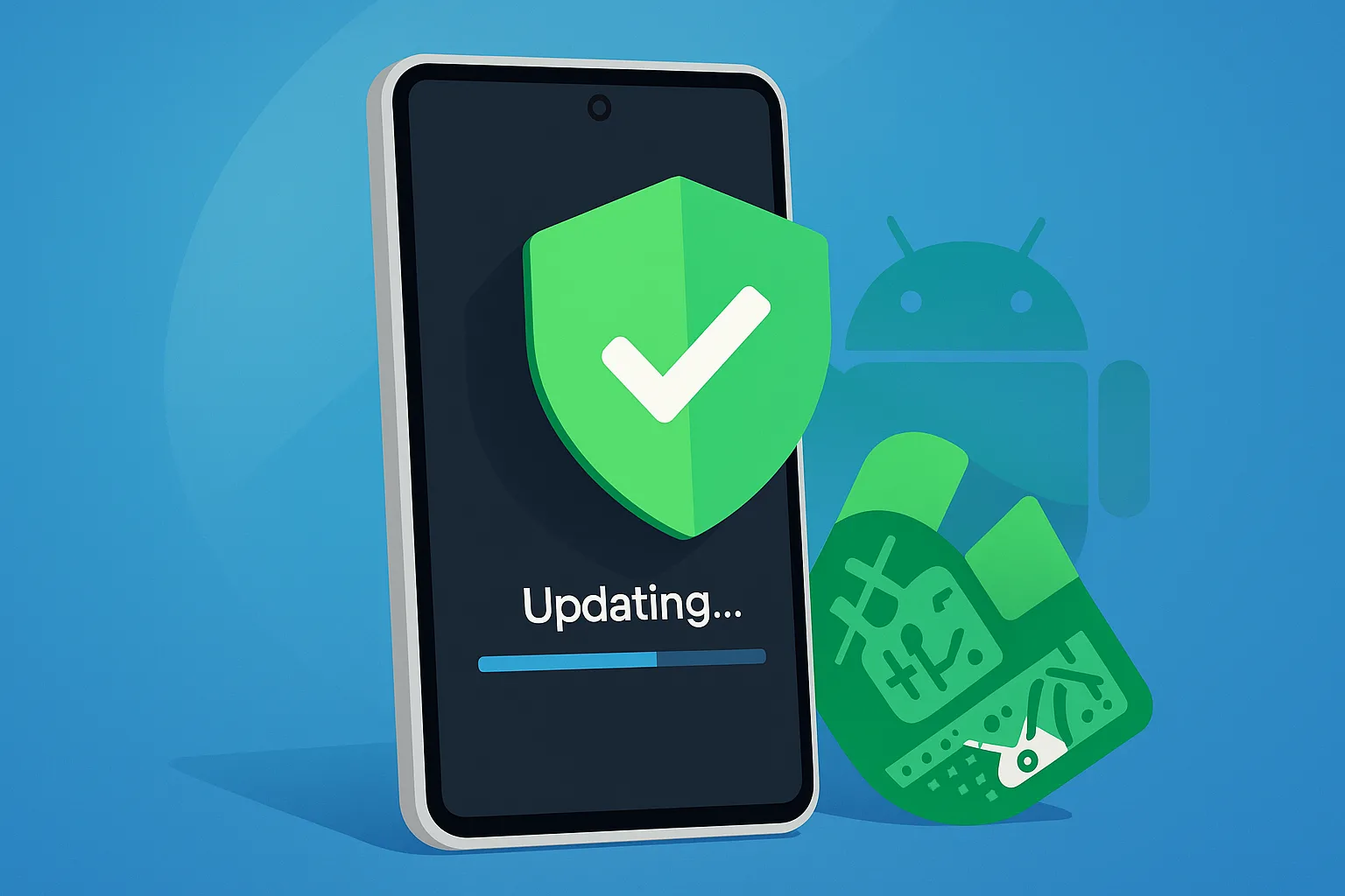 טלפון Google Pixel בתצוגת עדכון כשהוא מציג מגן ירוק עם סימן ‘וי’, ברקע לוגו אנדרואיד חצי שקוף על גרדיאנט כחול – מדגיש הגנה מיידית באמצעות טלאי מאי 2025.