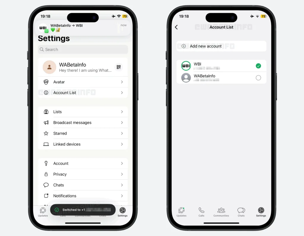 מספר חשבונות באייפון אחד \ תמונה: WABetainfo