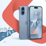 אייפון כחול עם לוגו אפל והנחה של 70% על המסך.