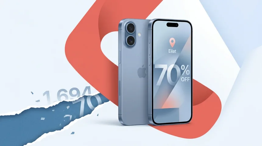 אייפון כחול עם לוגו אפל והנחה של 70% על המסך.
