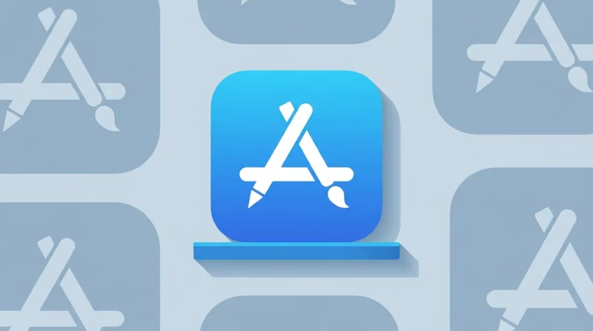 לוגו App Store של אפל על רקע אפור עם לוגואים נוספים.