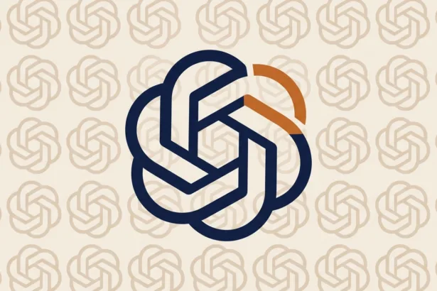 לוגו OpenAI בצבע כחול-כהה וכתום על רקע דפוס חוזר.