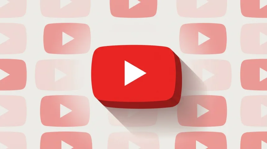 לוגו יוטיוב אדום עם צל על רקע לוגואים דהויים